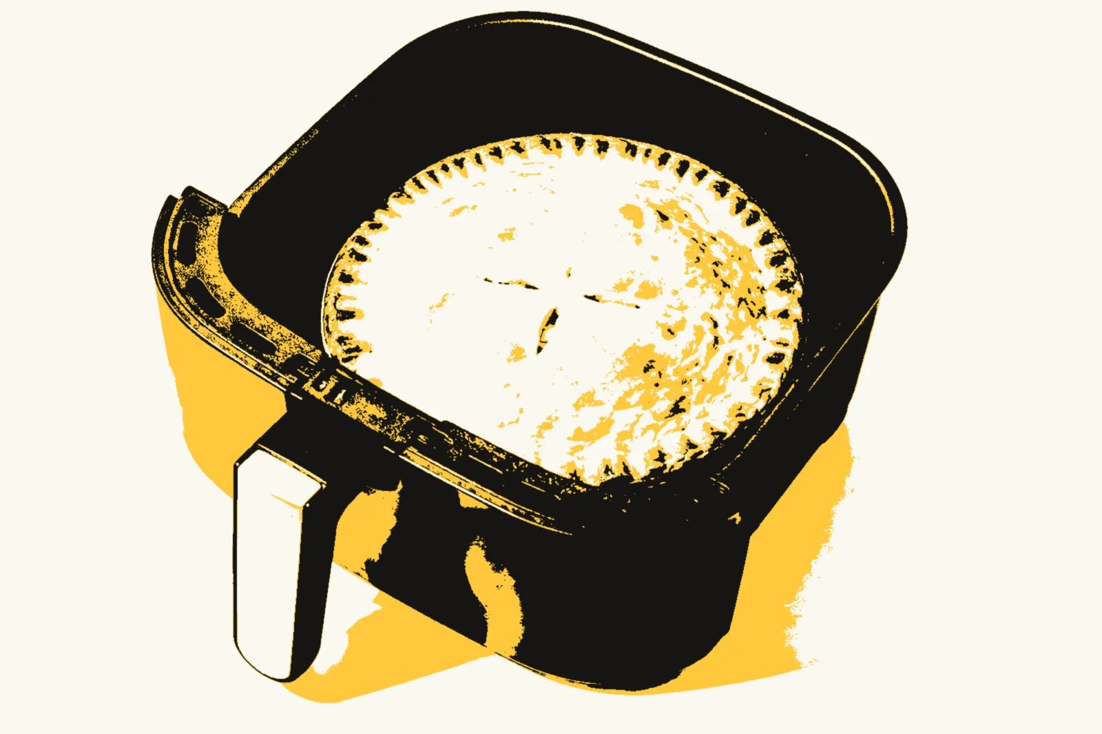 A chicken pie in an air fryer basket, printed as a two-tone yellow and black graphic