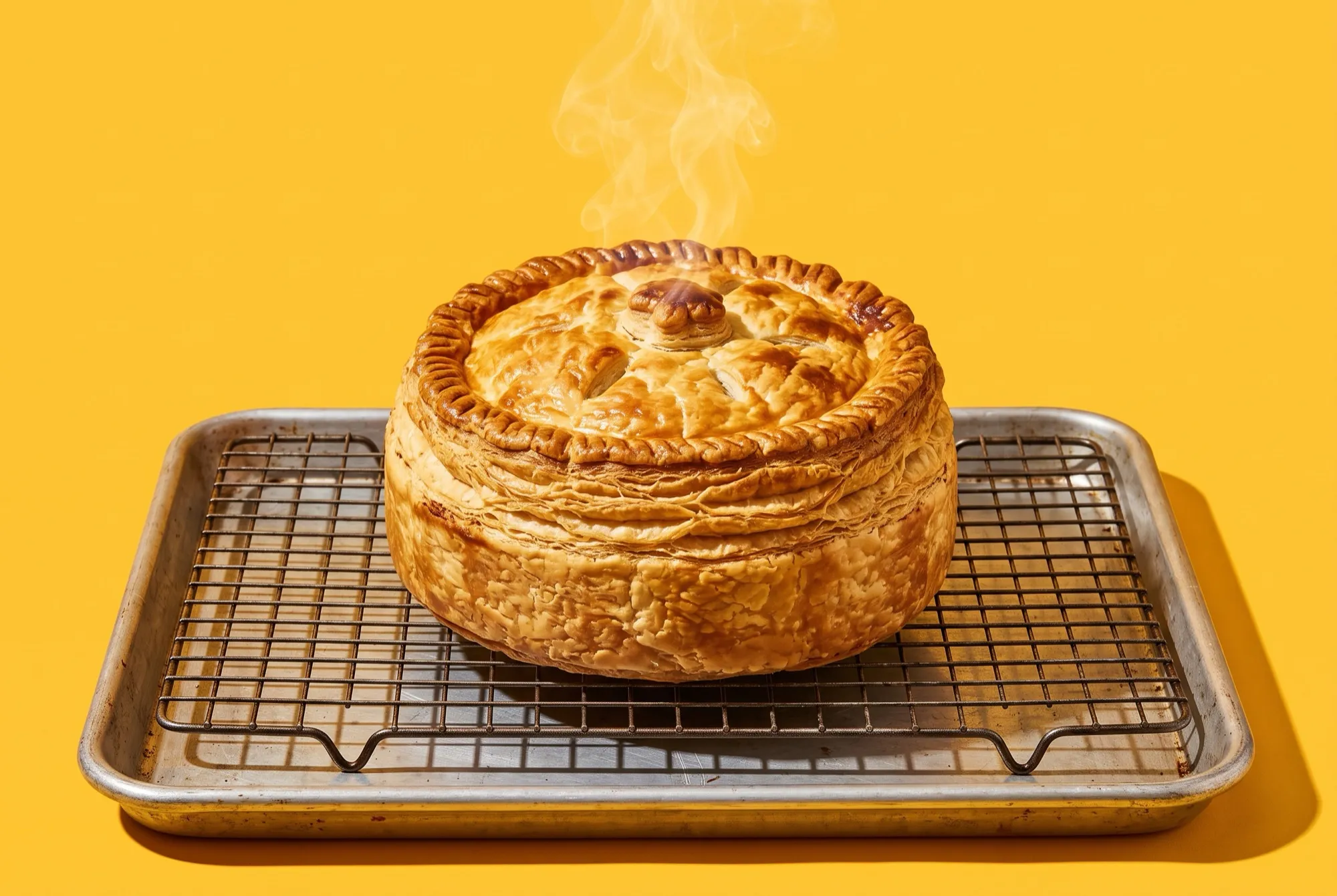 A golden, flaky chicken pie steaming on a wire cooling rack set over a baking tray