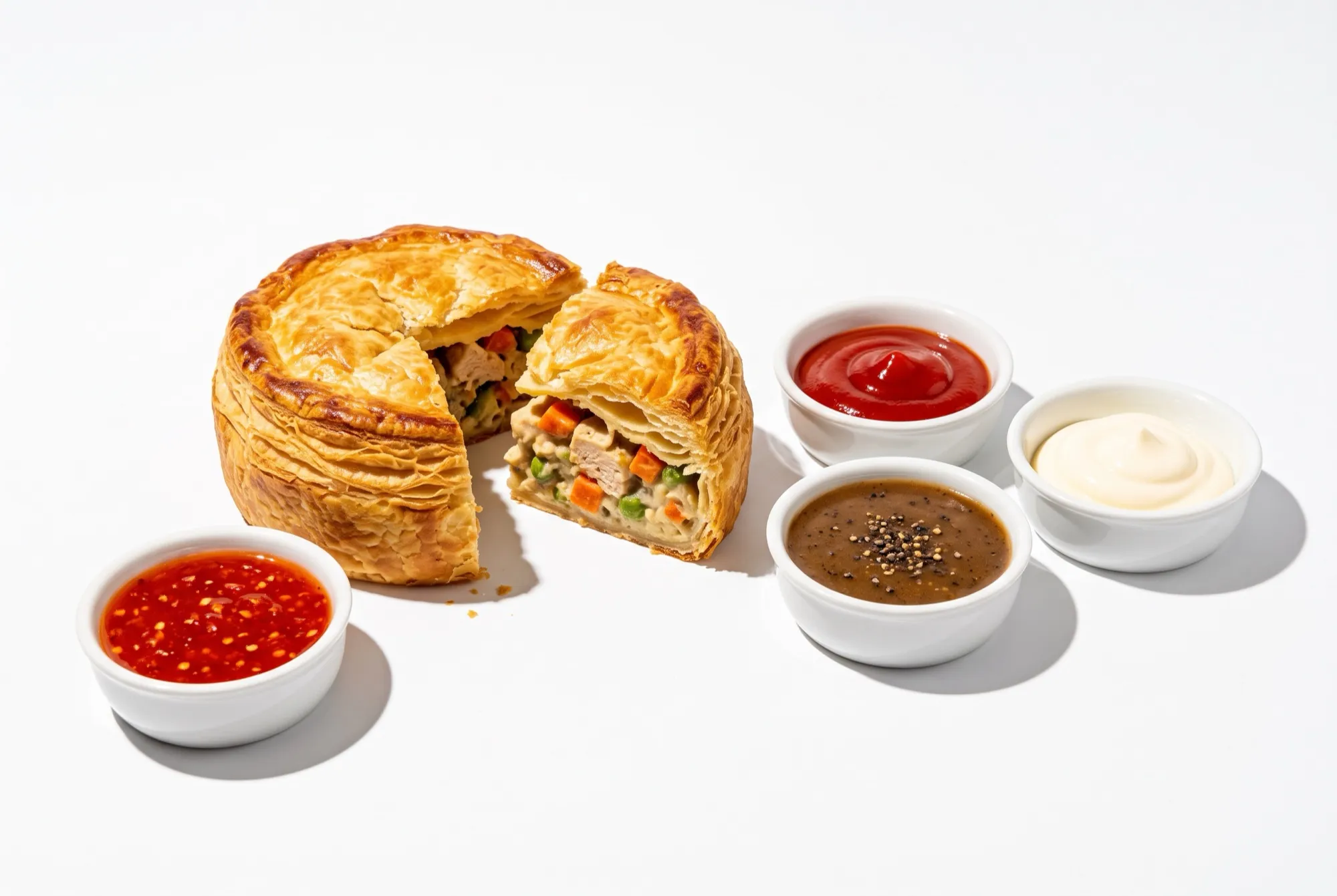 A chicken pie cut in half beside small white dishes of chilli sauce, tomato ketchup, black pepper gravy and mayonnaise