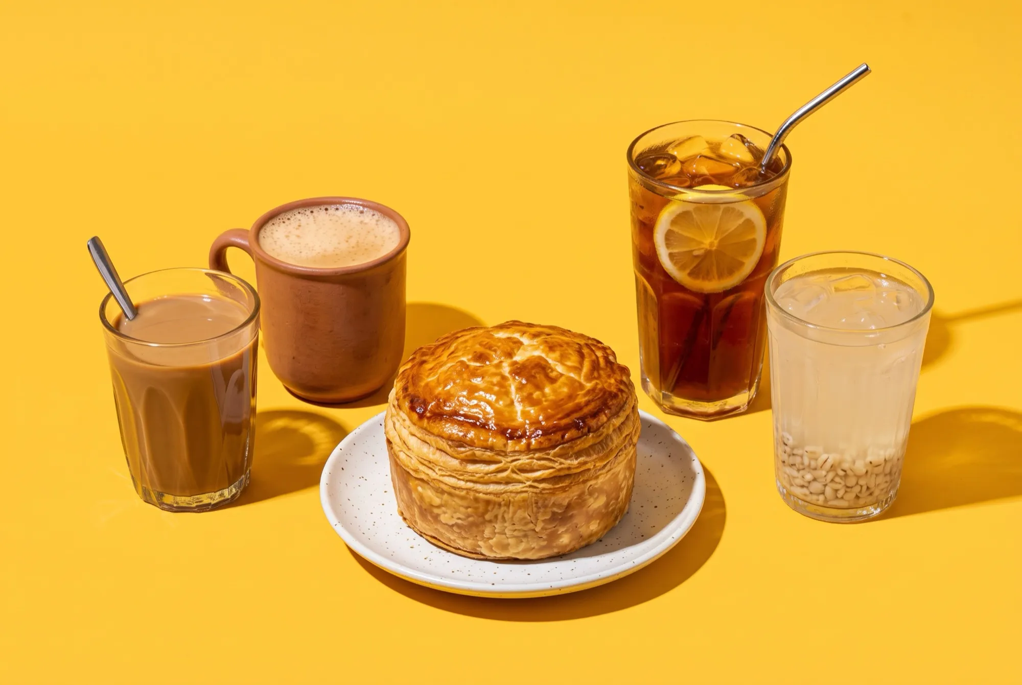 A chicken pie on a plate surrounded by a glass of teh, a mug of kopi, iced lemon tea and a glass of barley water
