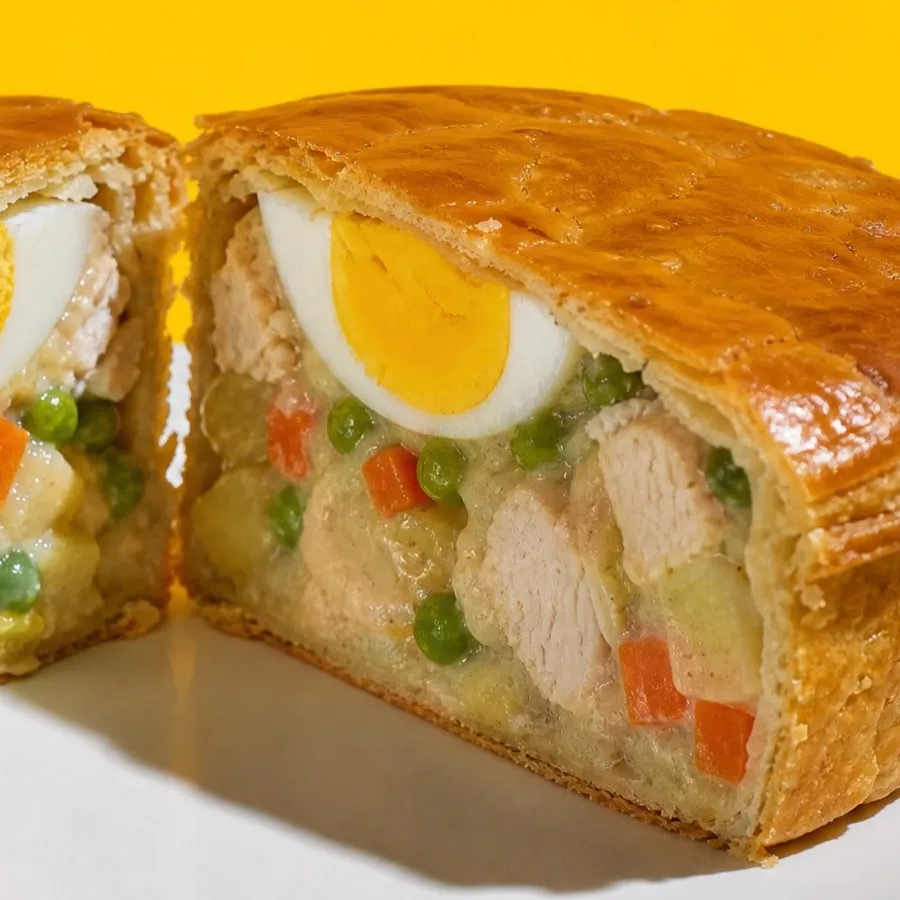 Close-up of a cut chicken pie showing half a hard-boiled egg set into a filling of chicken, potato, peas and carrot