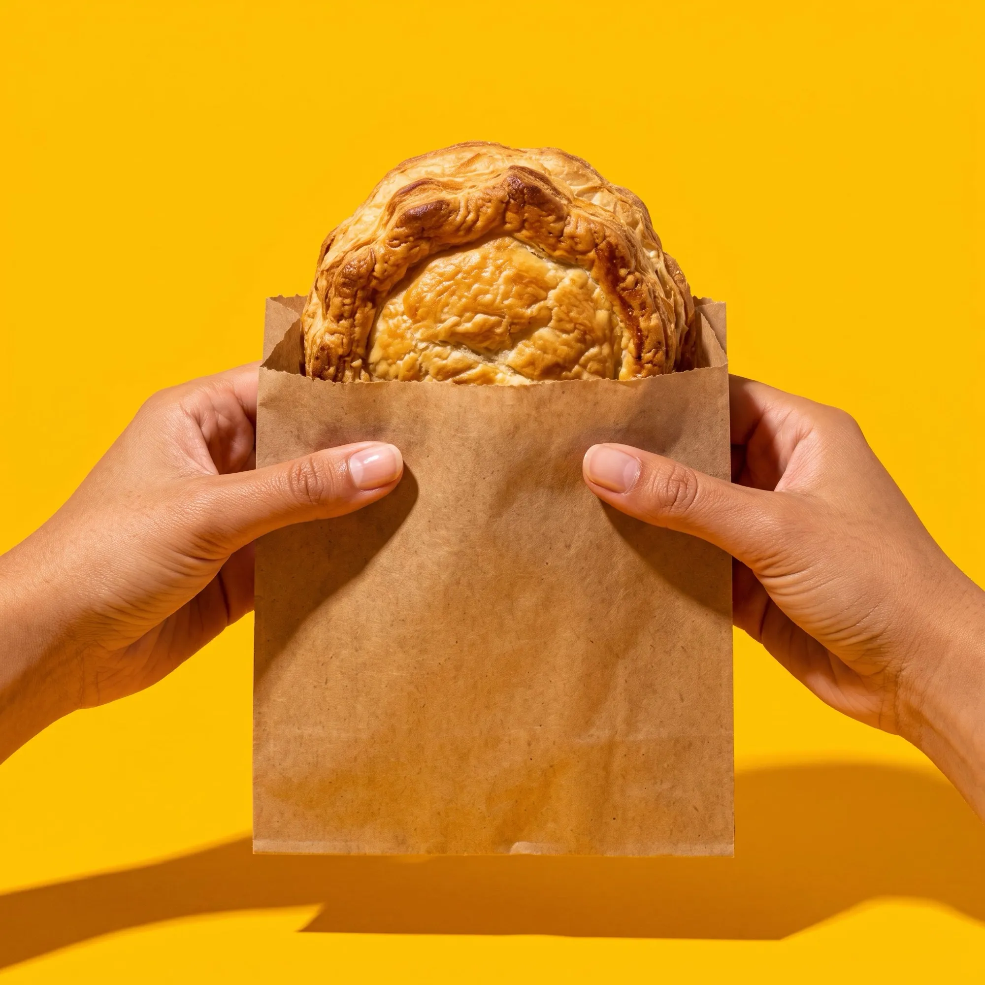 Two hands holding a plain paper takeaway bag with a golden chicken pie peeking out