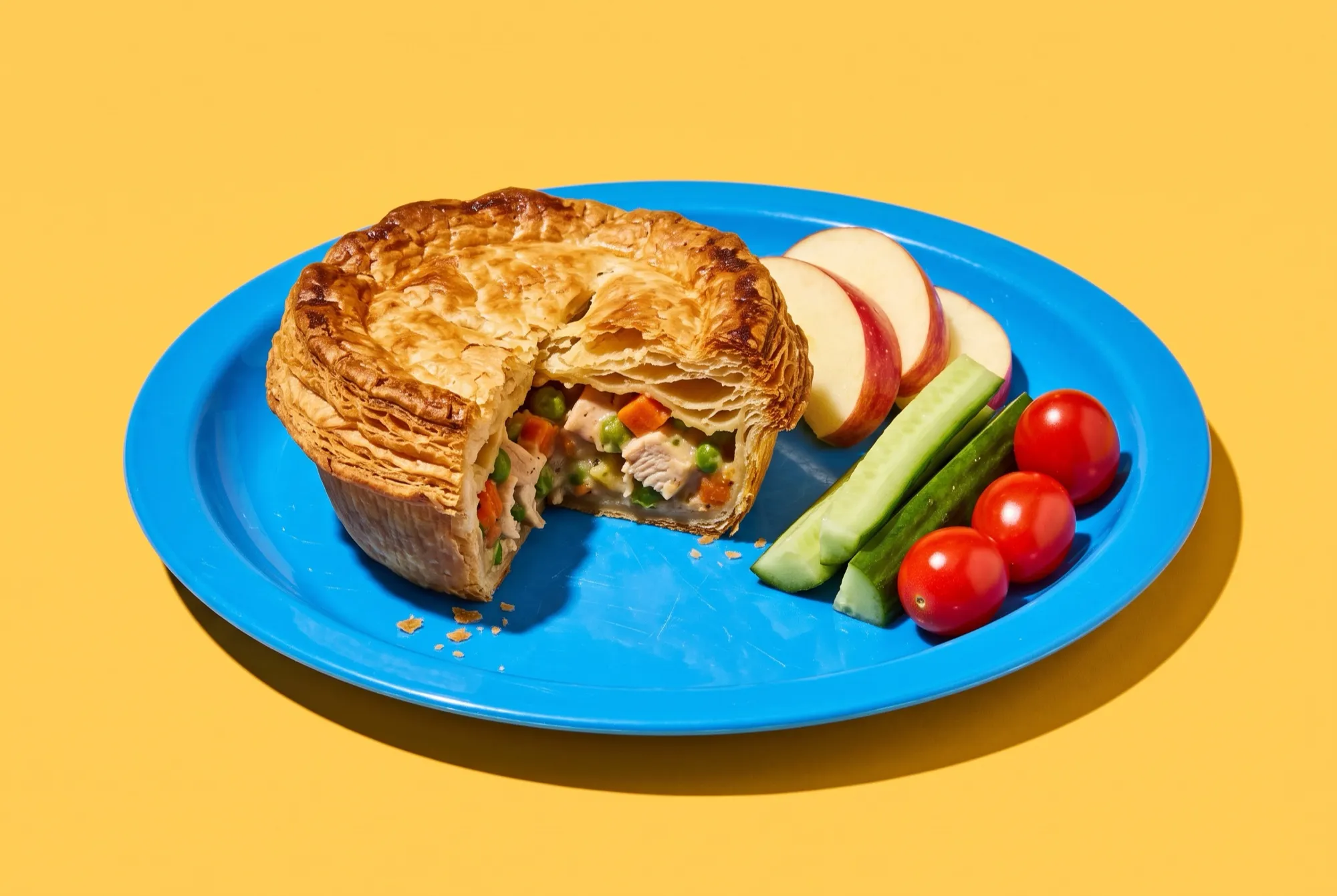Half a chicken pie on a blue plastic plate with apple slices, cucumber sticks and cherry tomatoes