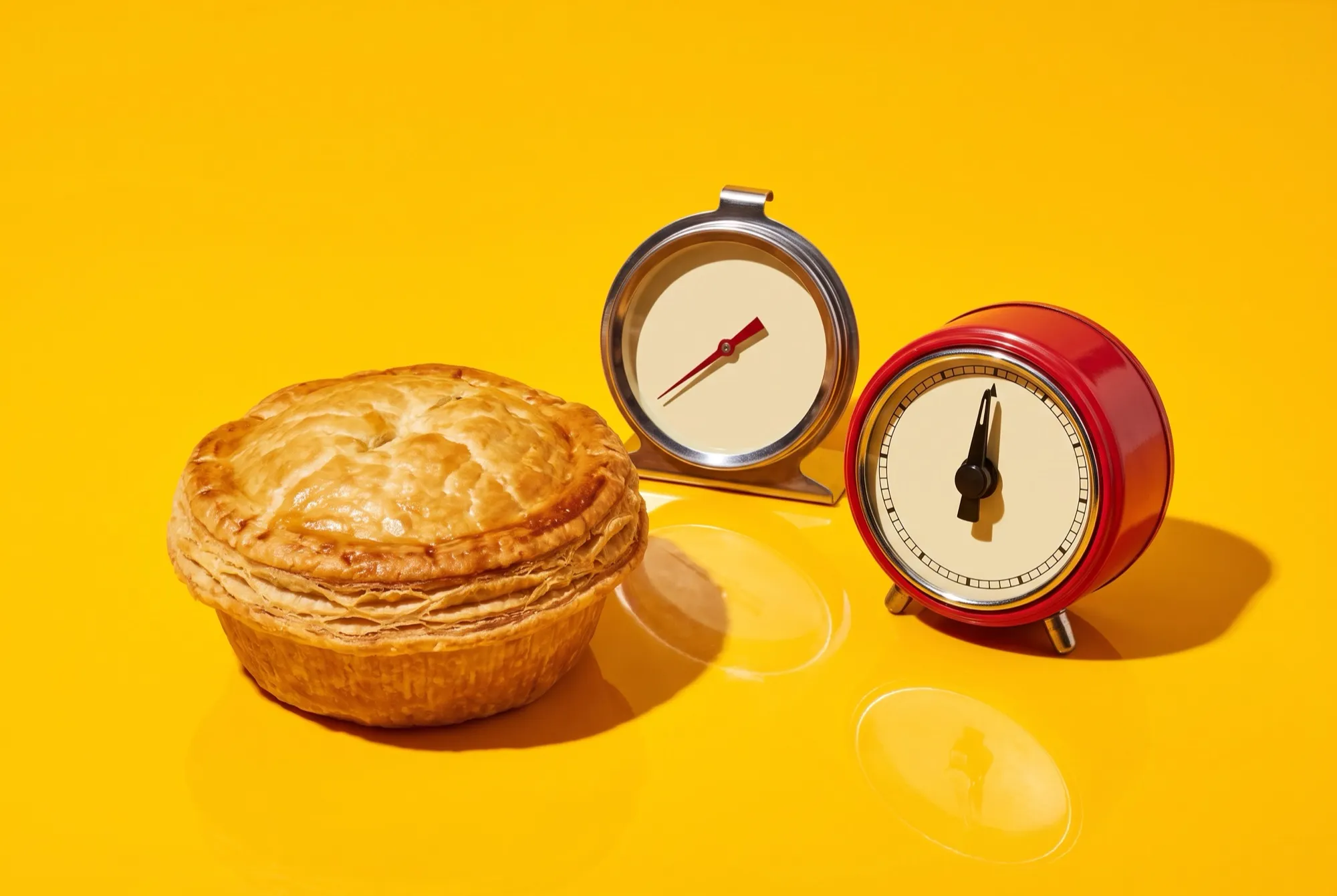 A golden chicken pie beside a dial oven thermometer and a red wind-up kitchen timer on a yolk-yellow background