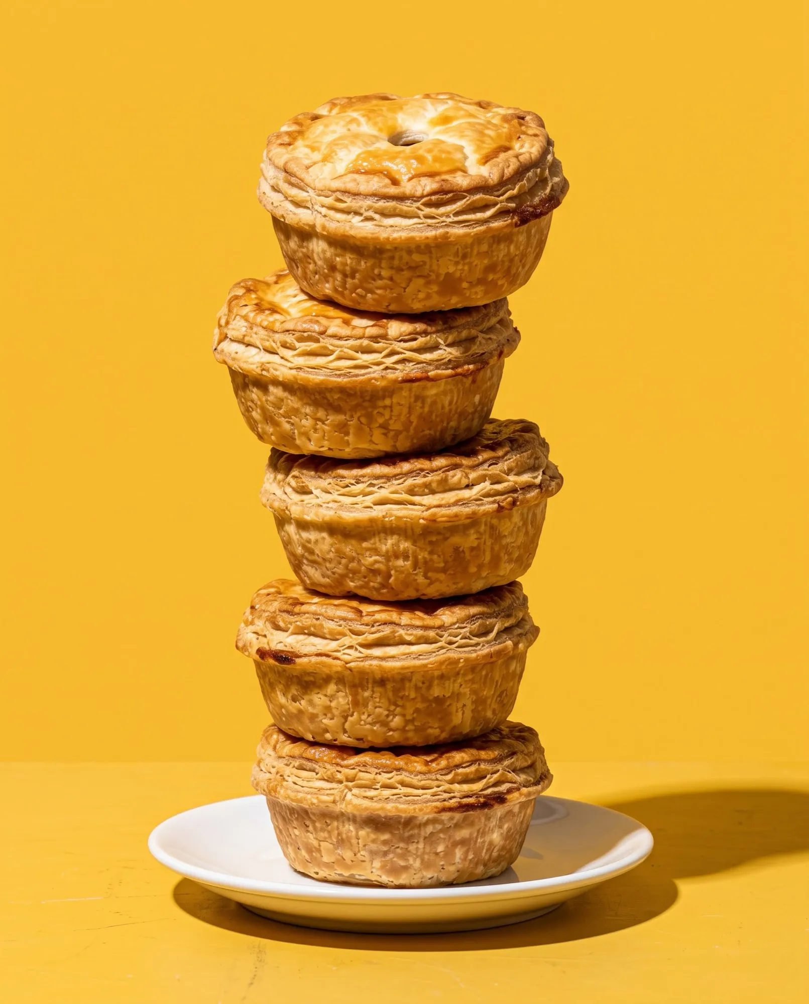 A tower of five individual chicken pies with tall, flaky golden crusts stacked on a small white plate