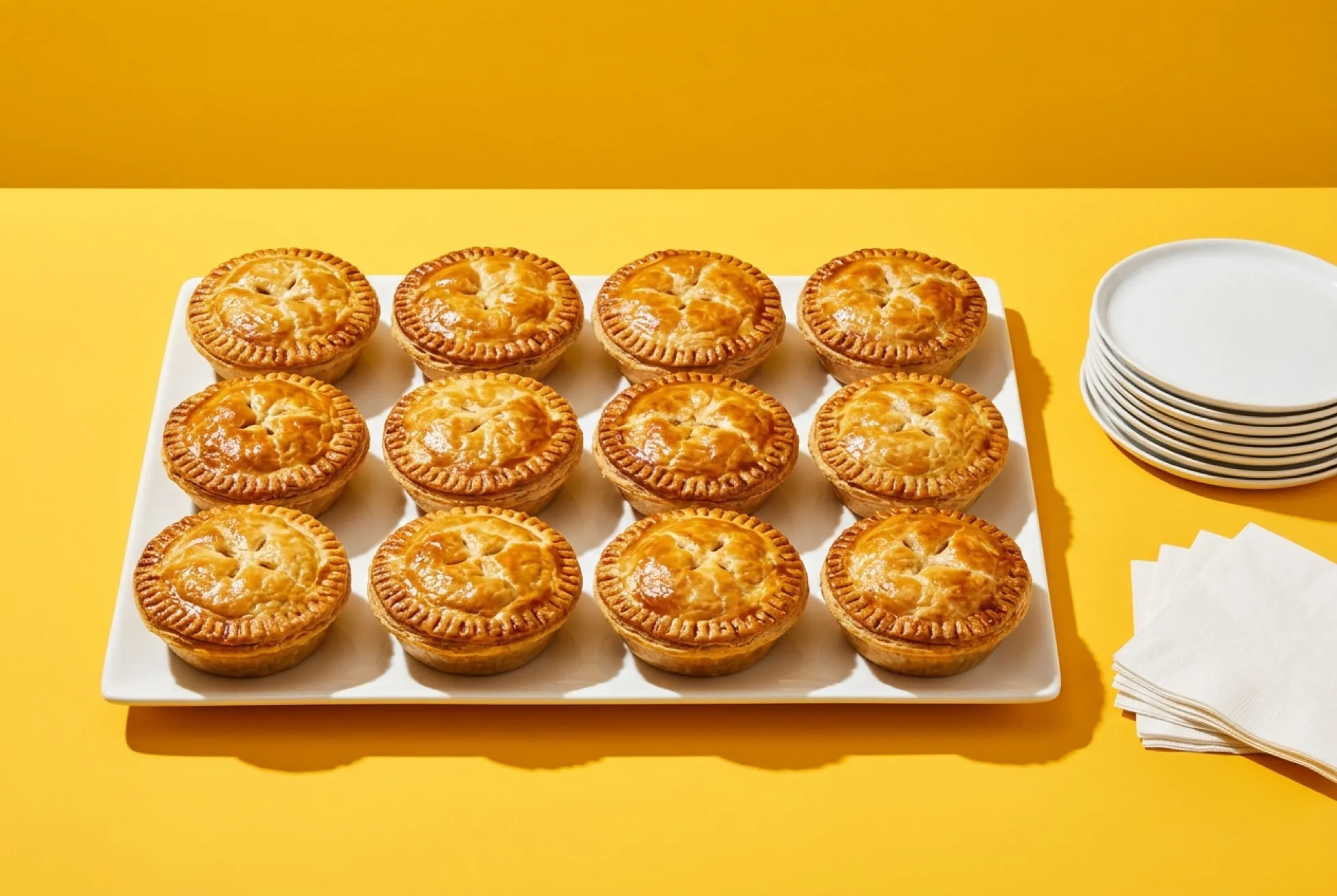 A long platter of golden individual chicken pies with plates and napkins for a party
