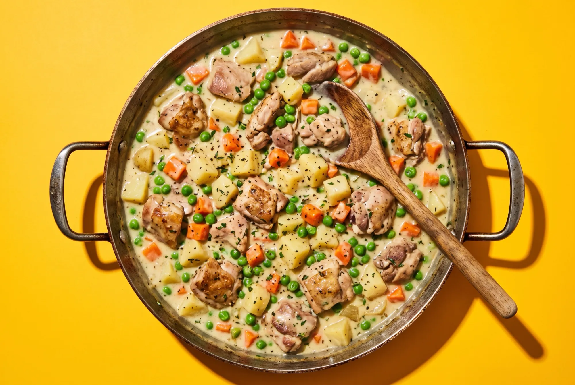 A pan of creamy chicken pie filling with chicken, potato, peas and carrot