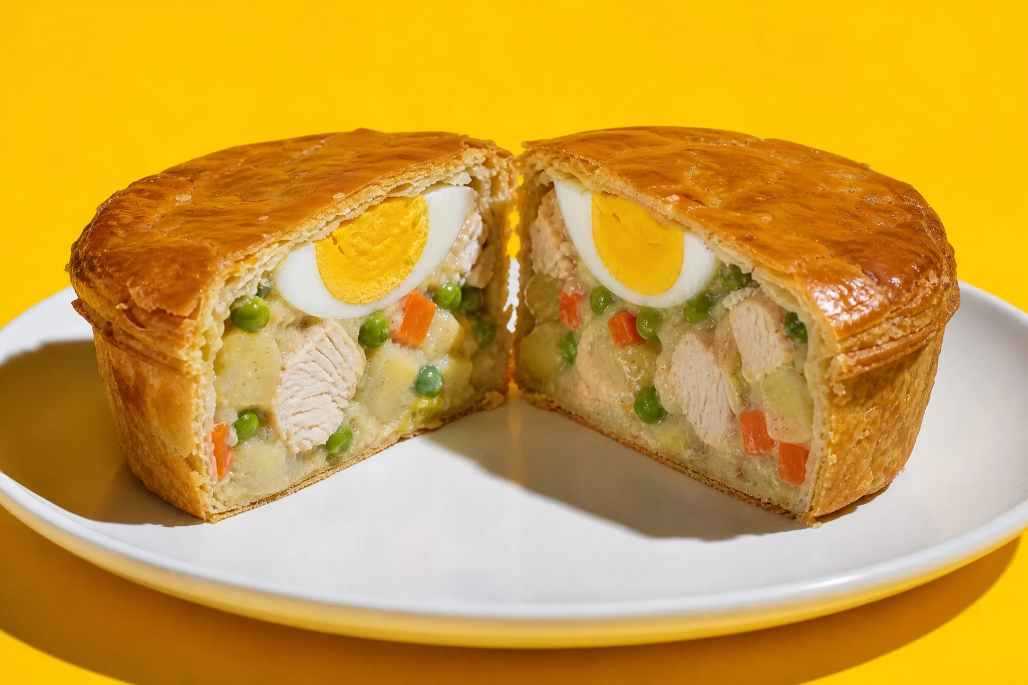 A Don-style chicken pie cut clean in half on a white plate: golden flaky crust, chunks of chicken, potato, peas, carrot and half a hard-boiled egg
