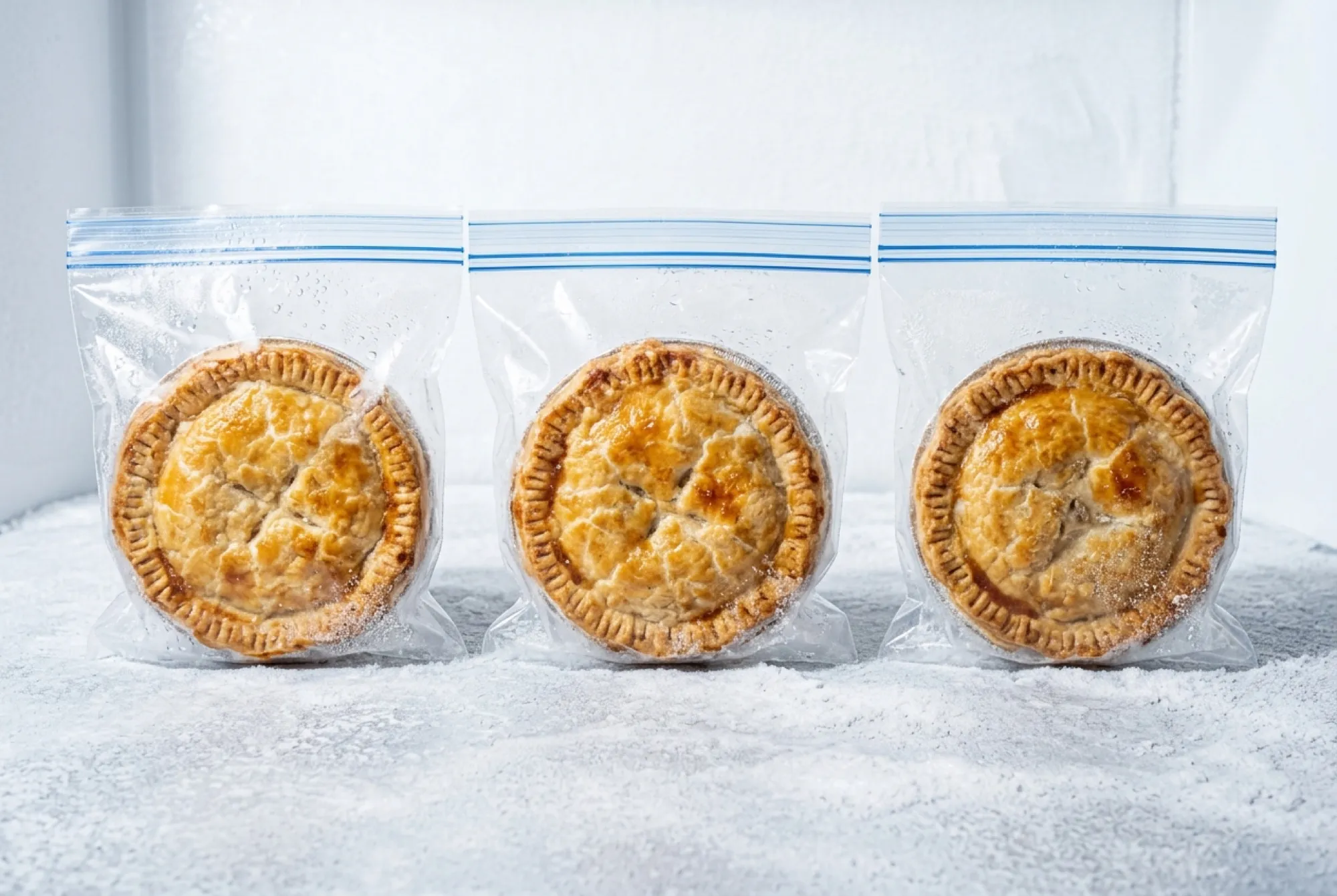 Three baked chicken pies sealed in frosty freezer bags