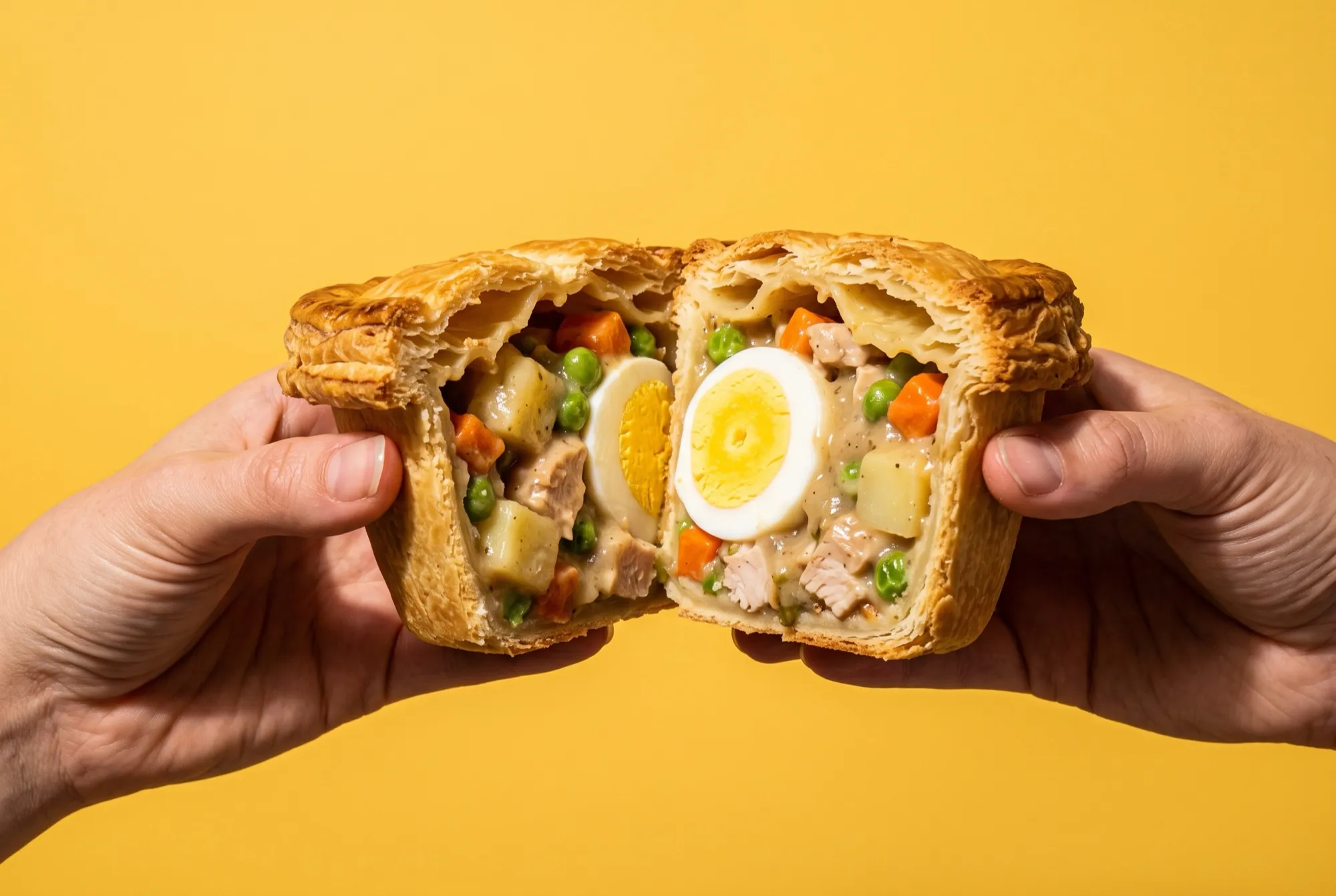 Two hands holding half of a golden flaky chicken pie, showing chicken, potato, peas, carrot and half a boiled egg inside
