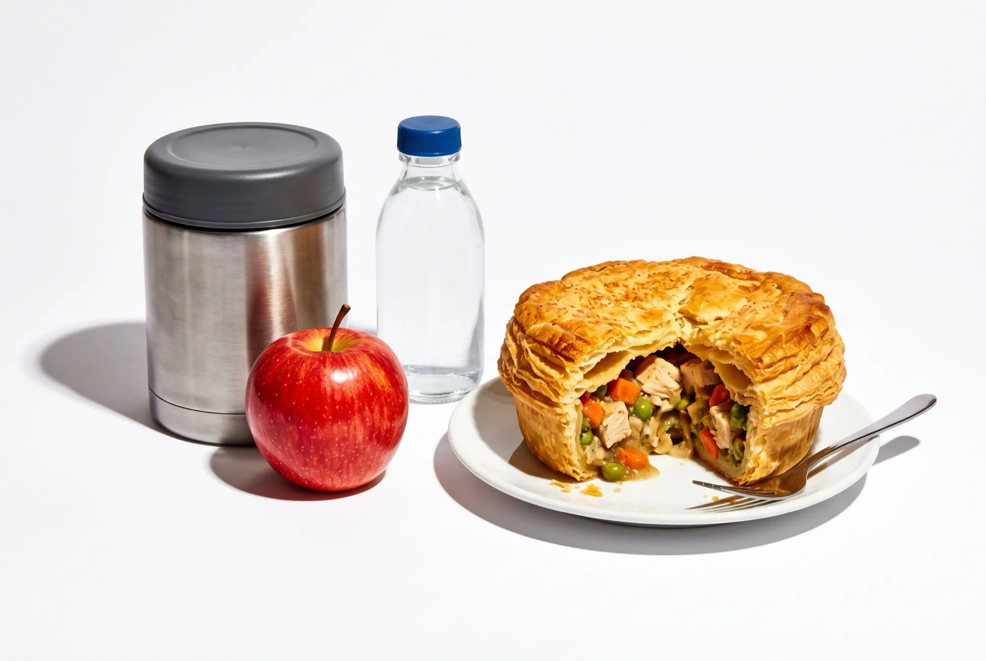 A cut-open chicken pie on a small plate beside a steel insulated food jar, a red apple and a bottle of water