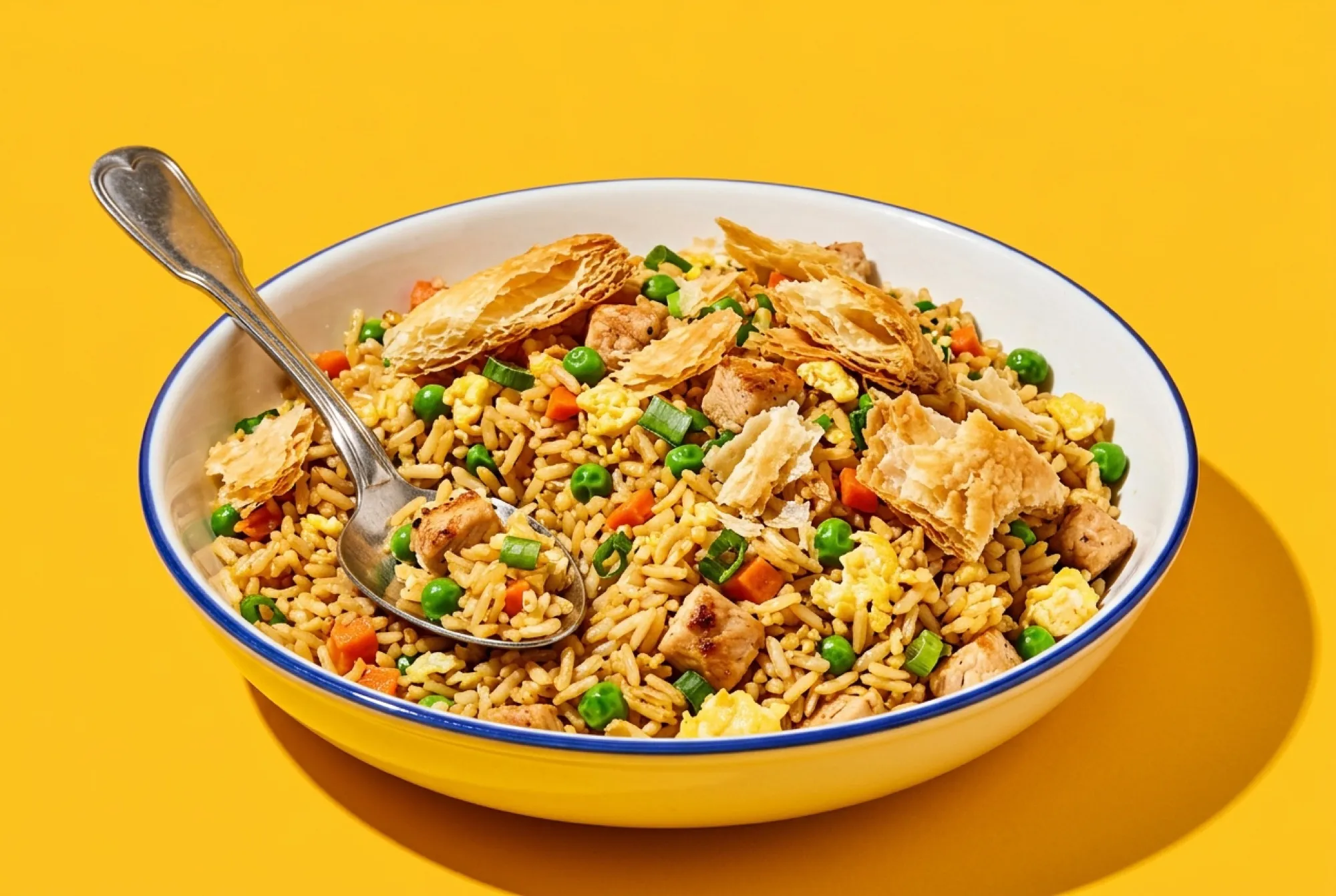 A plate of fried rice with chicken, peas, carrot and egg, topped with crisp pastry shards