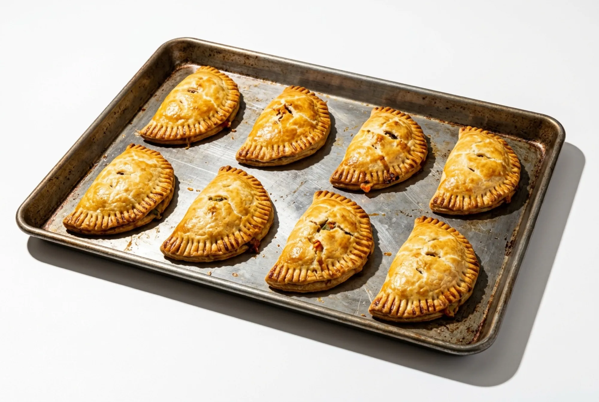 A baking tray of small golden half-moon chicken hand pies with fork-crimped edges