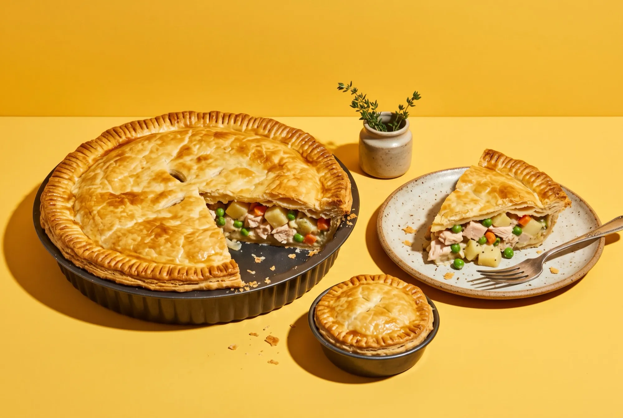 A whole family-size chicken pie with one slice cut out, beside a small personal pie